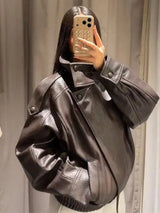 2026 Autumn Women's Faux Leather Jacket Brown Black Long Sleeve Stand Collar Thick Loose Lady Coat Fashion Motorcycle Streetwear