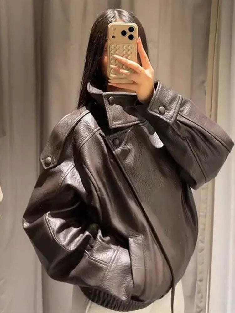 2026 Autumn Women's Faux Leather Jacket Brown Black Long Sleeve Stand Collar Thick Loose Lady Coat Fashion Motorcycle Streetwear
