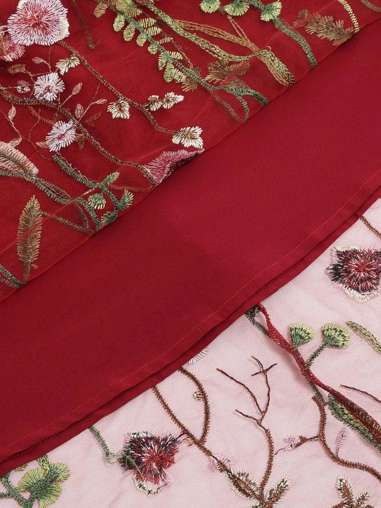 Tonval Floral Embroidered Mesh Midi Skirt – Elegant & Vintage