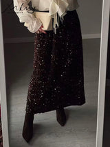 High Waisted Sequin Maxi Skirt Women Elegant Shiny Straight Skirts With Slit Summer Spring Black Long Sequin Skirt For Women