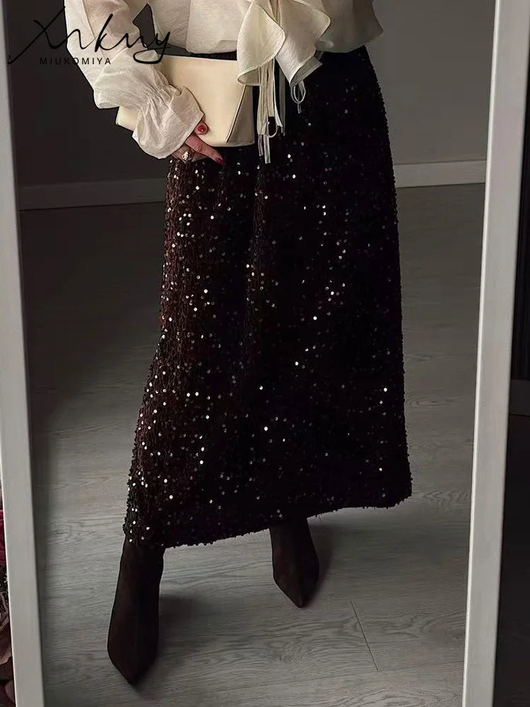 High Waisted Sequin Maxi Skirt Women Elegant Shiny Straight Skirts With Slit Summer Spring Black Long Sequin Skirt For Women