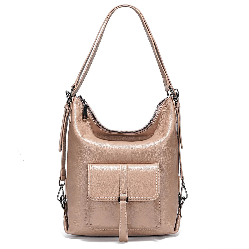 Zency Stylish Women Shoulder Bag 100% Genuine Leather Large Capacity Handbag Multifunction Satchel Bag Backpack Brown 2 in 1 Bag
