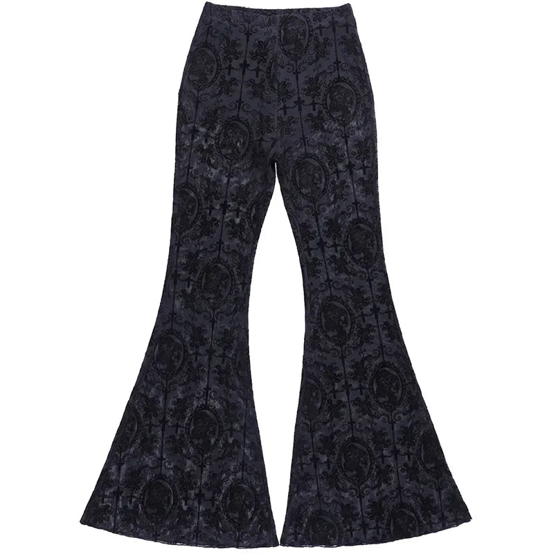 Women's High-Waist Mesh Lace Flare Pants