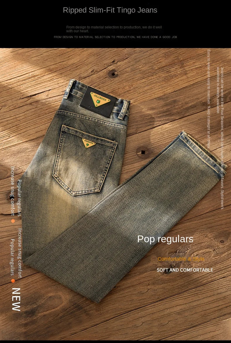 2026 European Trendy Brand Yellow Mud Jeans Men's Retro Old Slim Fit Fashion Long Pants Autumn and Winter Thick Pants