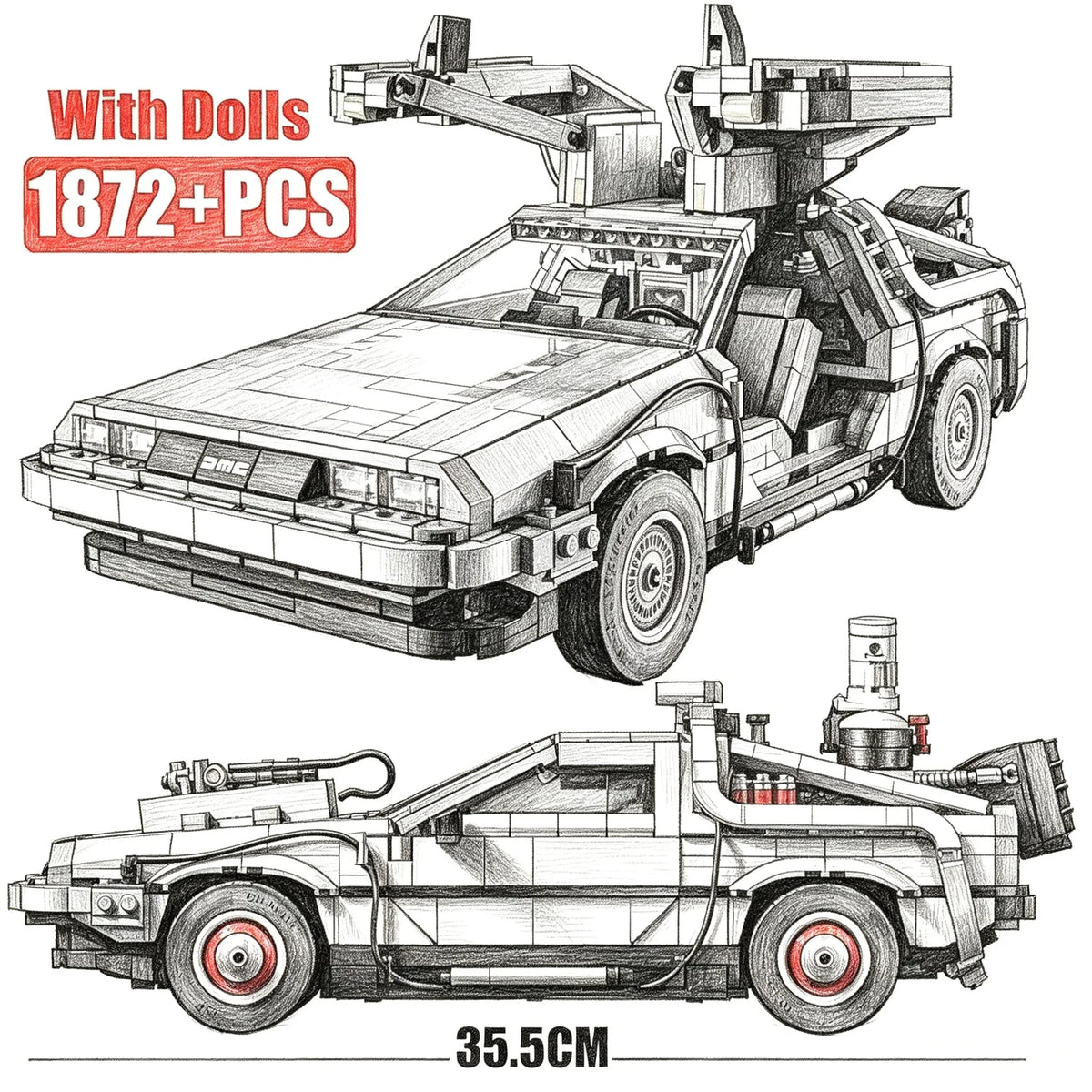 1:8 Scale Back to The Future Time Machines 1872Pcs 2 Mini Figures Building Blocks Kits Collectible Authentically Detailed Model