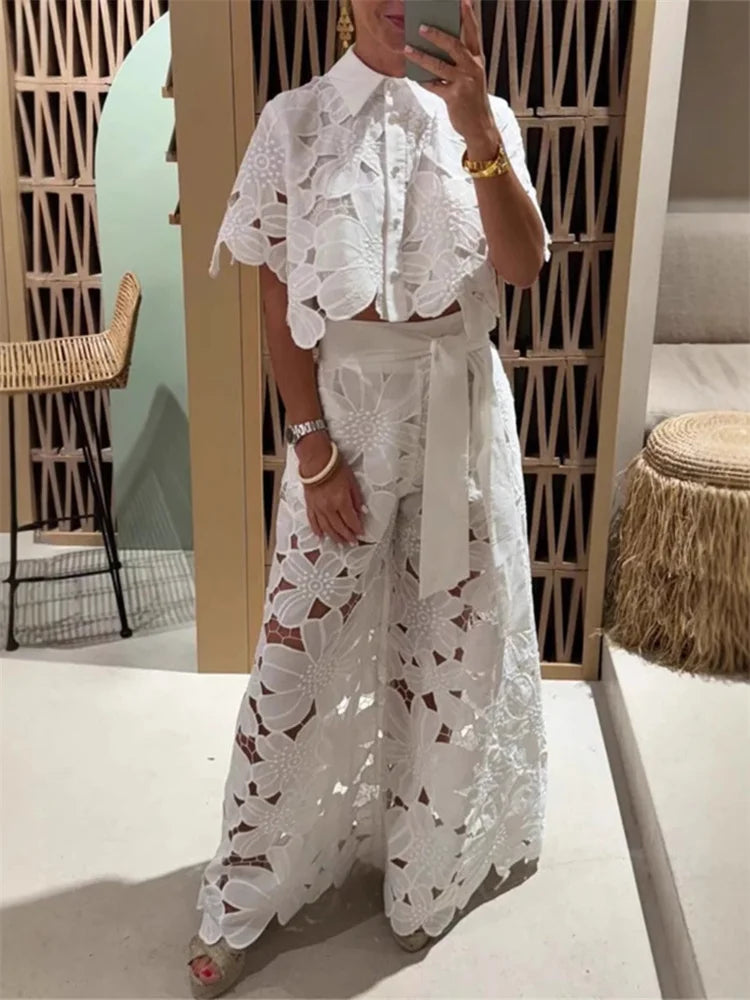Wmstar Two Piece Set Women Hollow Out  Wide Leg Pants Sets Matching Casual Lace Suit Suits Wholesale Dropshipping New Style