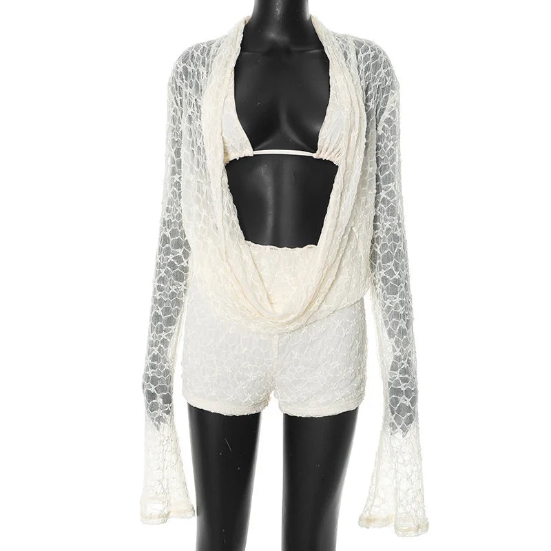 Mozision Lace Two Piece Set Women See Through Long Sleeve T-shirt And Shorts Matching Sets Female Elegant Shorts Two Piece Set