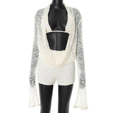 Mozision Lace Two Piece Set Women See Through Long Sleeve T-shirt And Shorts Matching Sets Female Elegant Shorts Two Piece Set