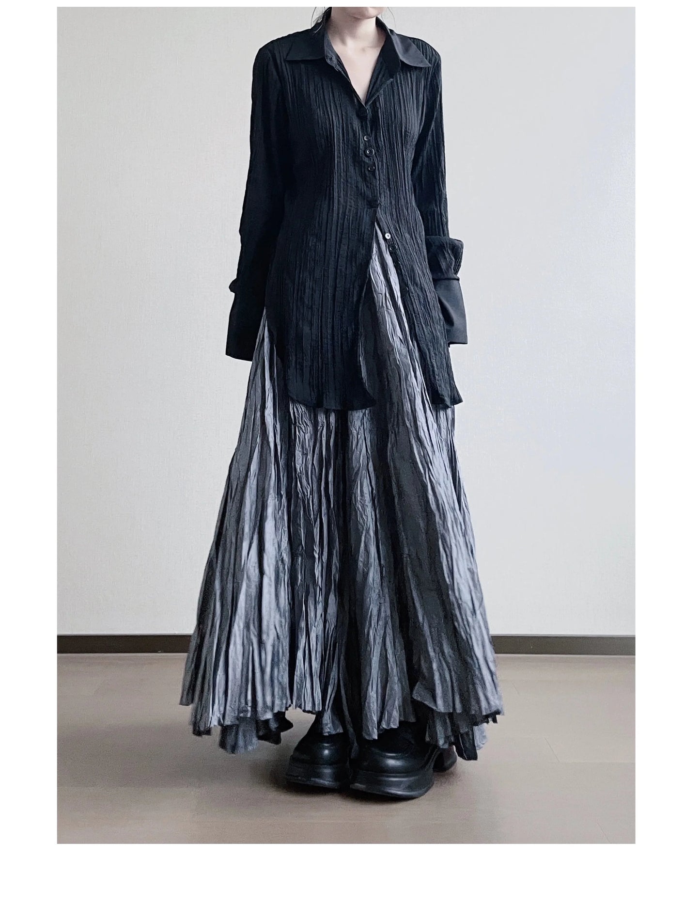UMI MAO Irregular Fold Maxi Skirt – Elegant A-Line