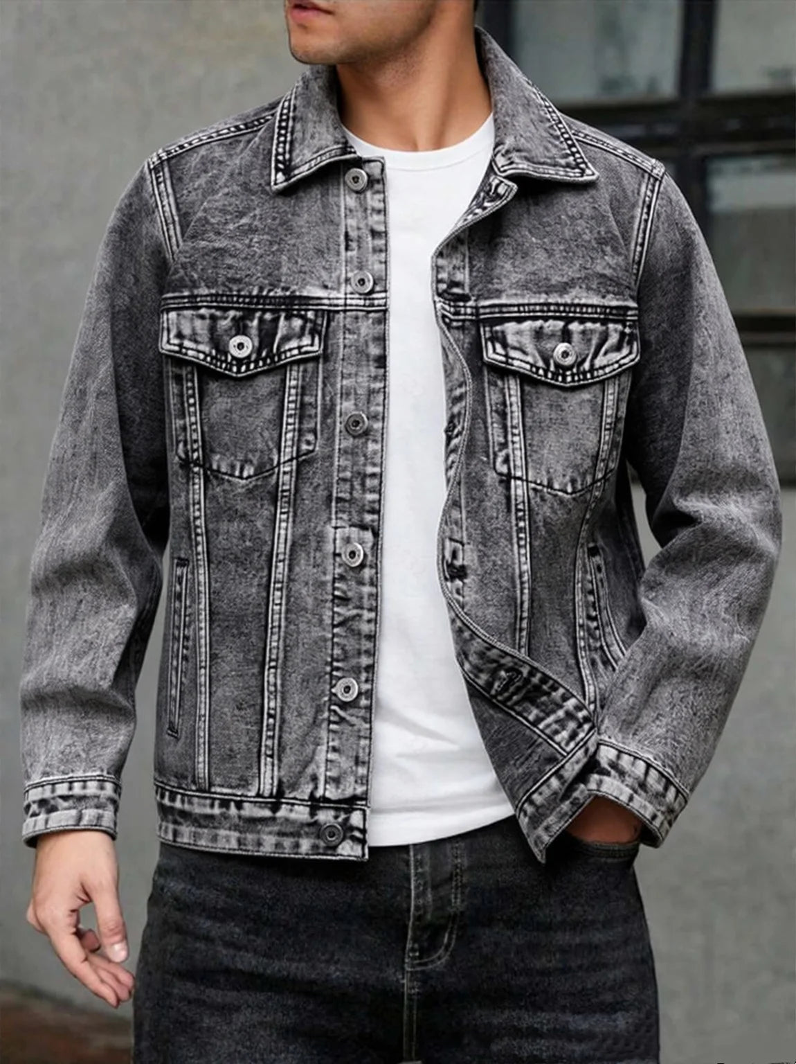 American style multi pocket denim jacket for men blue grey vintage washed loose fitting versatile trendy workwear jacket