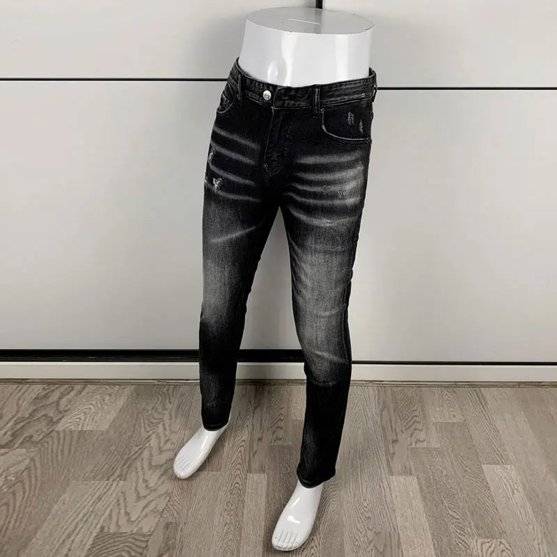 Men's Slim-Fit Distressed Black Grey Denim Jeans
