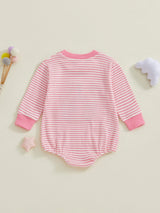 Infant Girls Jumpsuit Stylish Long Sleeve Crew Neck Romper with Embroidered Letters and Striped Design for Everyday Wear