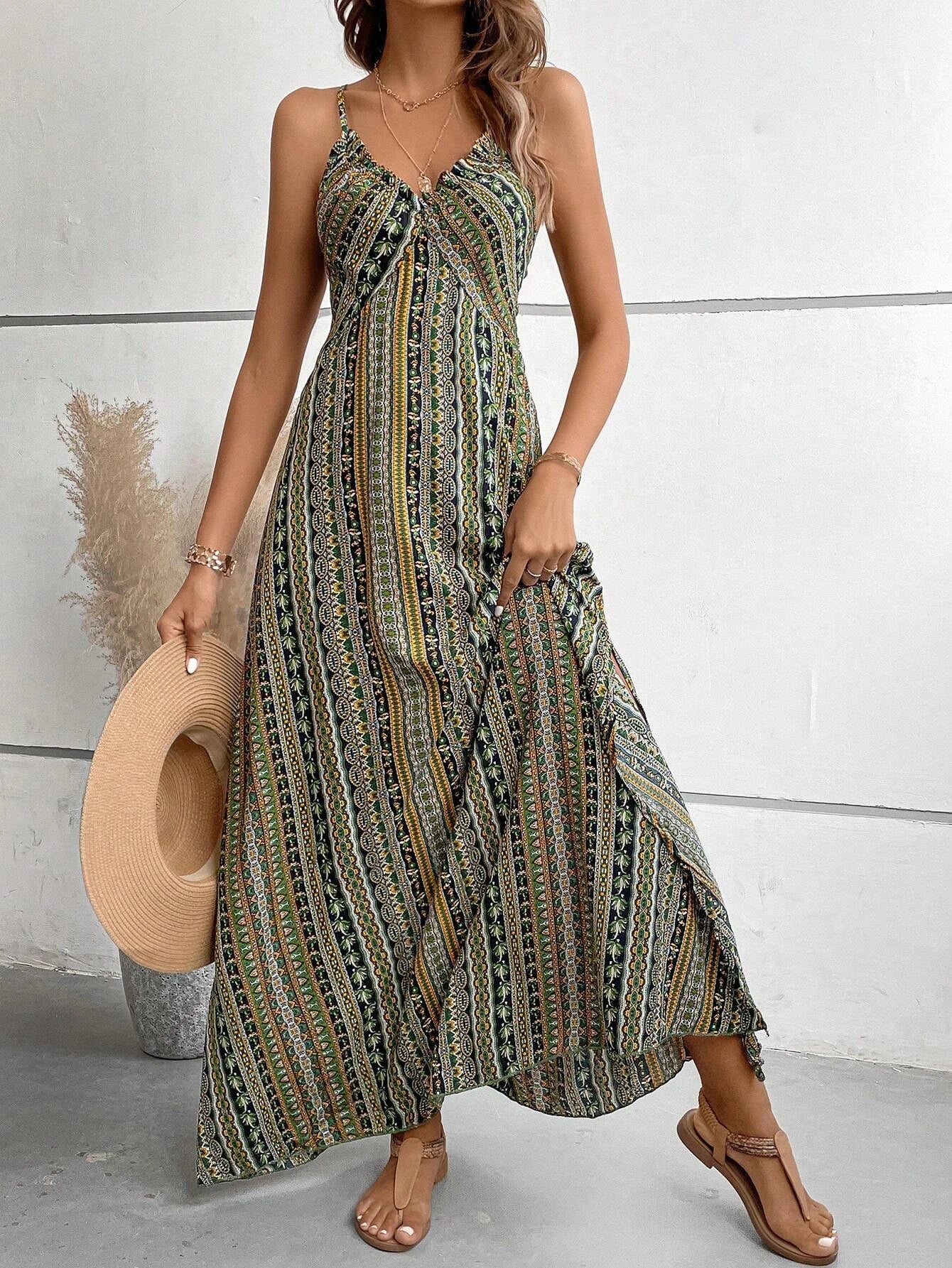 Boho Ethnic Frill Trim Maxi Dress