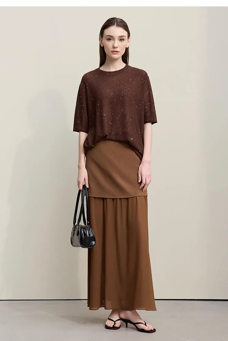 Amii Women's Skirt 2026 Autumn New Elegant Patchwork Chiffon Long Skirt Solid Color Straight Versatile Woman Clothes 12641047