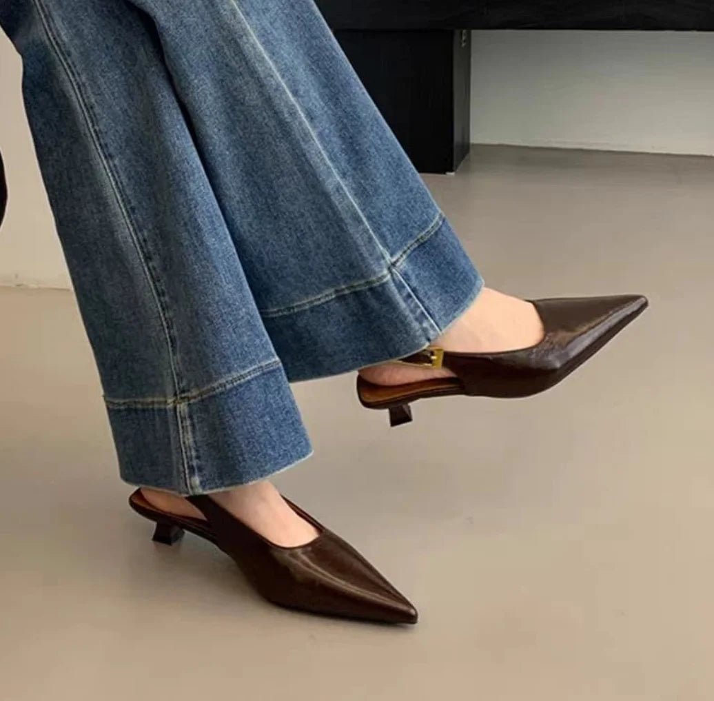 2026 Summer New Women Sandal Fashion Pointed Toe Shallow Slip on Ladies Elegant Slingback Shoes Thin Med Heel Dress Mules Pumps