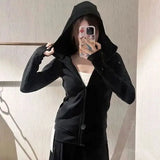 Streetwear Black Hoodie Coat 2025 Women's Clothing Hooded Zipper Slim Fit Y2k Jackets Casual Fashion Sweatshirts Tops Ropa Mujer