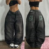 Geometric Embroidered Wide-Leg Baggy Jeans | Y2K Streetwear