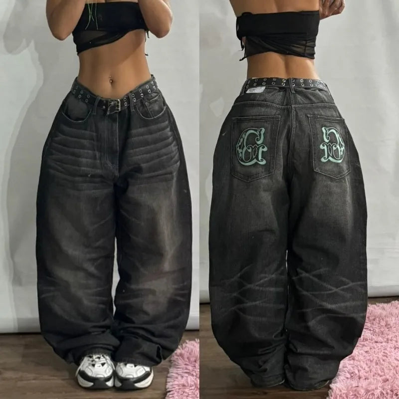 Geometric Embroidered Wide-Leg Baggy Jeans | Y2K Streetwear