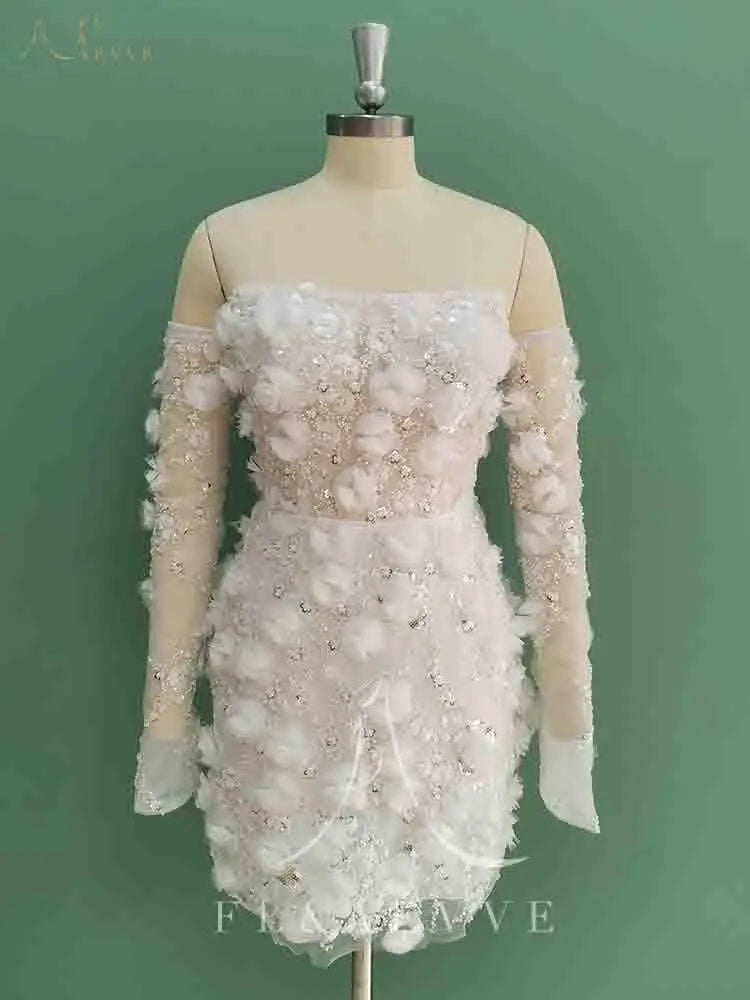Luxury Beaded Short Wedding Dresses Saudi Arabia Lace Floral Appliques Long Sleeves Bridal Gown Mini Prom Party Dress Customized