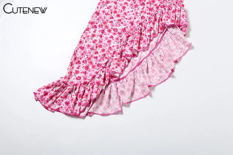 Floral One-Shoulder Ruffle Midi Dress
