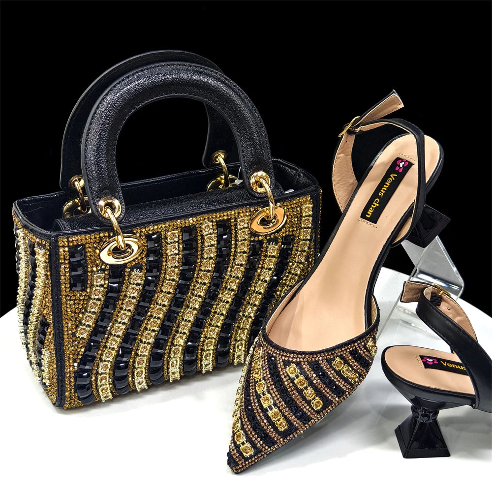 Rhinestone Pointed-Toe Slingback Heels & Bag Set