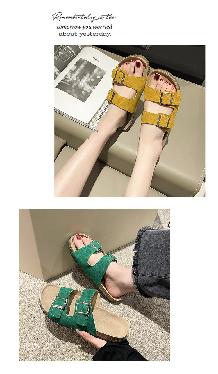 Evshine Leather Cork Footed Clogs Sandals For Women Fashion Flat Mules Slippers with Arch Support Men Double Buckle Cork Slides