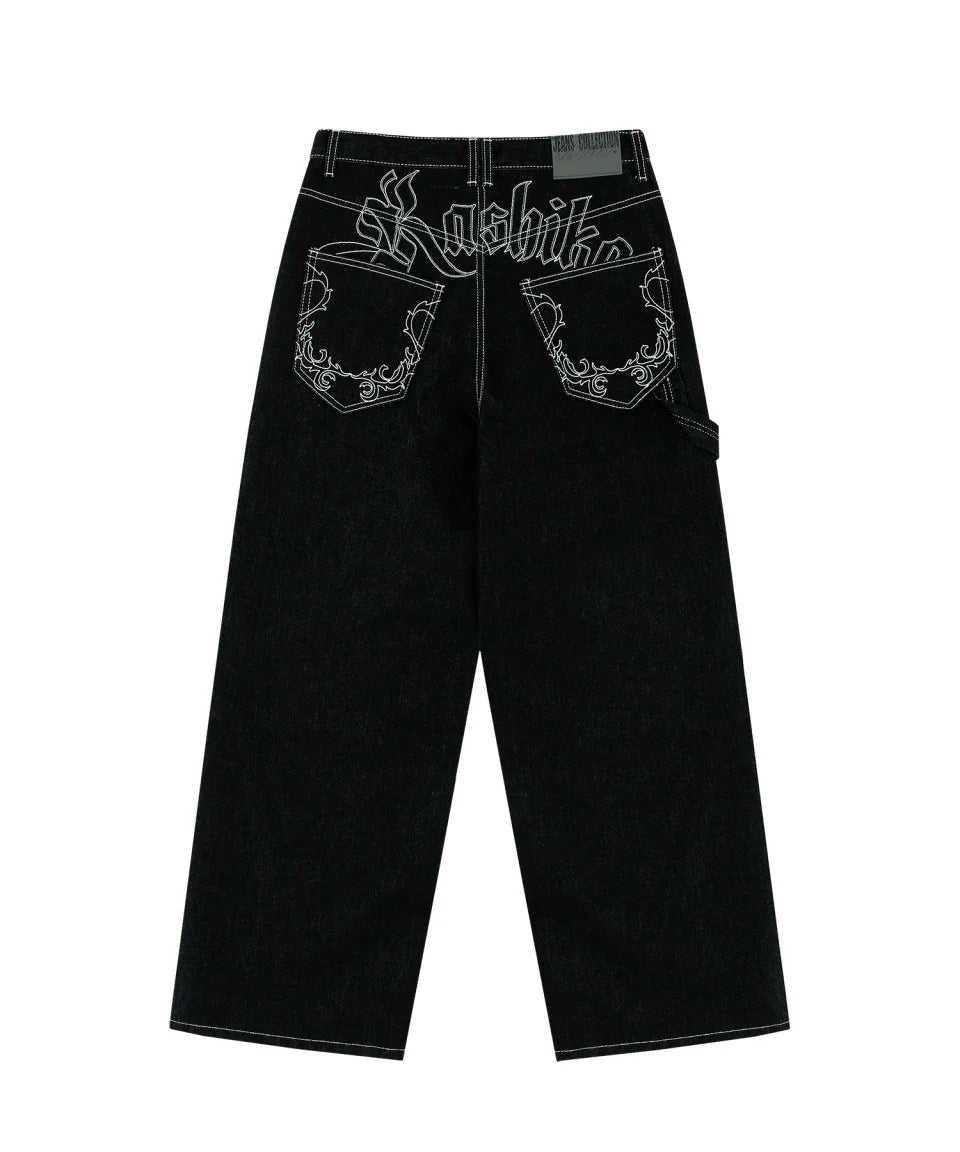 90s Retro Street Embroidery Jeans Male  R&B Solid Color Loose Straight Pants Female Y2K Harajuku Hip Hop  Punk Style  Men Jeans