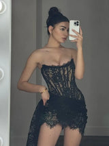 Strapless Lace Mini Dress – Elegant Sheer Patchwork Slim Fit Evening Dress