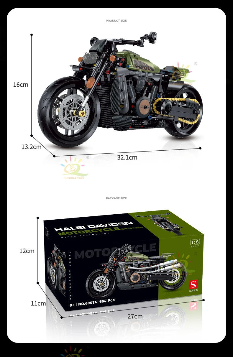 HUIQIBAO 1:8 Classic Motorbike Building Blocks High-tech Model Moto City Racer Bricks Toy for Kid Boy Children Adult MOC Car Set