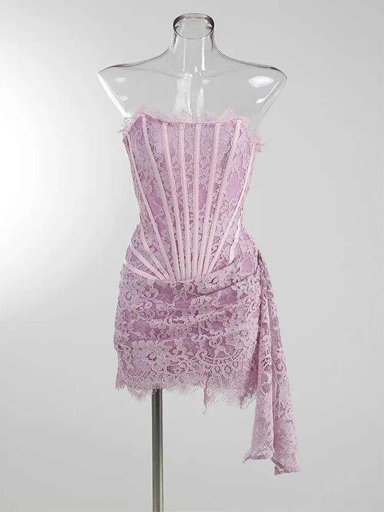 Strapless Lace Mini Dress – Elegant Sheer Patchwork Slim Fit Evening Dress
