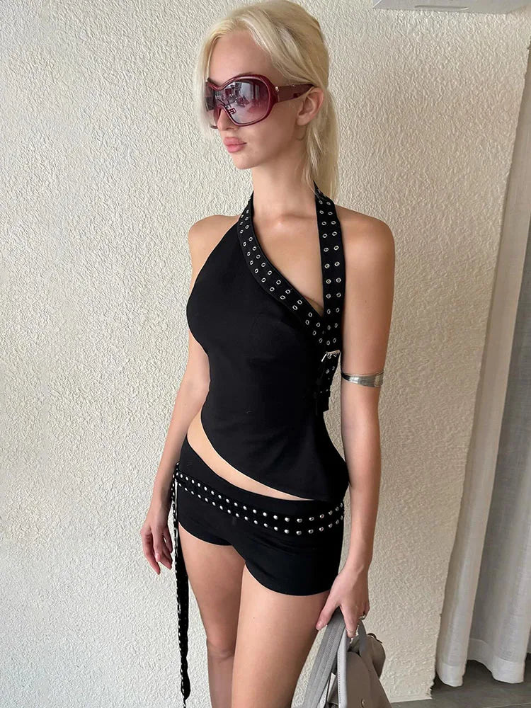 Nibber Sexy Hollow 3-Piece Set Women Hollow Biased Collar Backless Vests+Rivet Waistband+Simple Solid Shorts Slim Midnight Suits