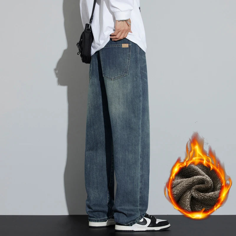 Men's Fleece-Lined Wide-Leg Jeans – Winter Warmth