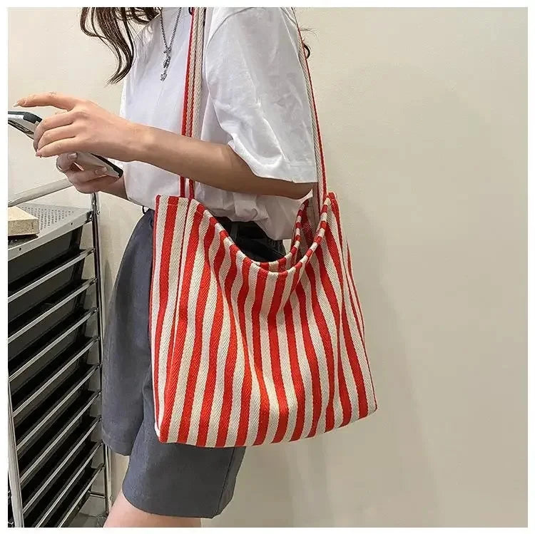 Female Casual Multifunctional Travel Top-handle Handbag Large Capacity Canvas Women Shopper Tote Simple Striped Shoulder Bag2025