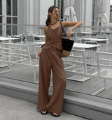 Mueyaruho Women 2026 Summer Office Pant Set Suits Solid Beige Outfits 2 Two Piece Wide Leg Matching Set For Women