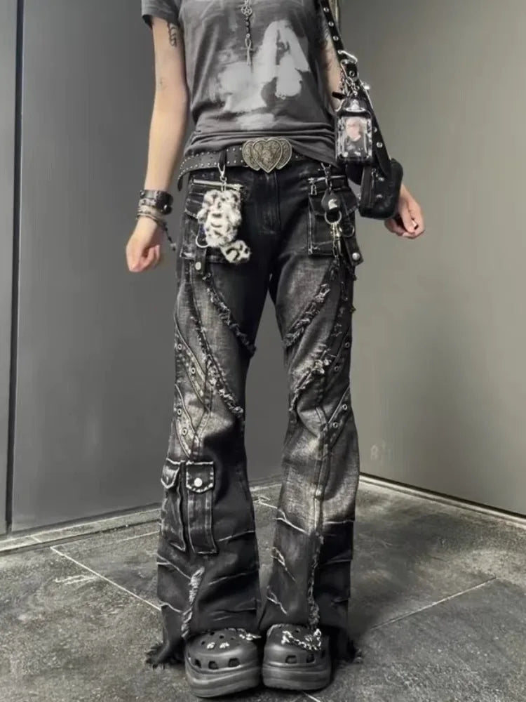 Y2K Low-Waist Flare Cargo Jeans