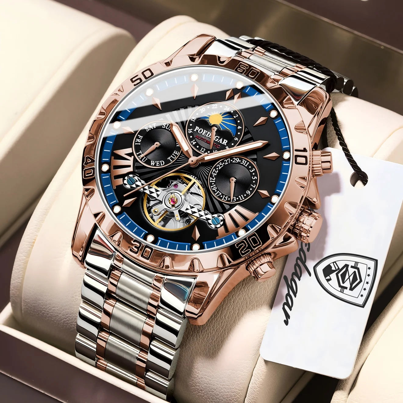 POEDAGAR Luxury Automatic Male Watch Date Week Luminous Waterproof Tourbillon Men Watch Leather Fashion Mechanical Men's Watches