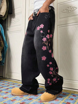 Men's Cherry Blossom Embroidered Wide-Leg Jeans