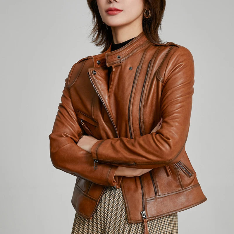 Women's Short Genuine Sheepskin Biker Jacket