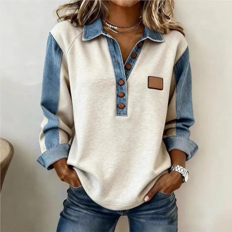 Spring Retro Contrast Color Women Sweatshirt Elegant Turn-down Collar Button Tops Pullover Autumn Long Sleeve Loose Top