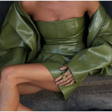 Vintage Green Leather Skirt Sets Women Fashion Solid Strapless Short Skirts Zipper Jacket Outfits Lady Daily Highstreet Outfits