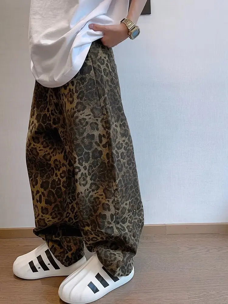 Men's Leopard Print Wide-Leg Denim Jeans