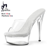 Ladies Crystal Sandals 12cm 13CM 15cm Thin Heel Slippers Transparent Model Runway Training High Heels Catwalk Performance Shoes