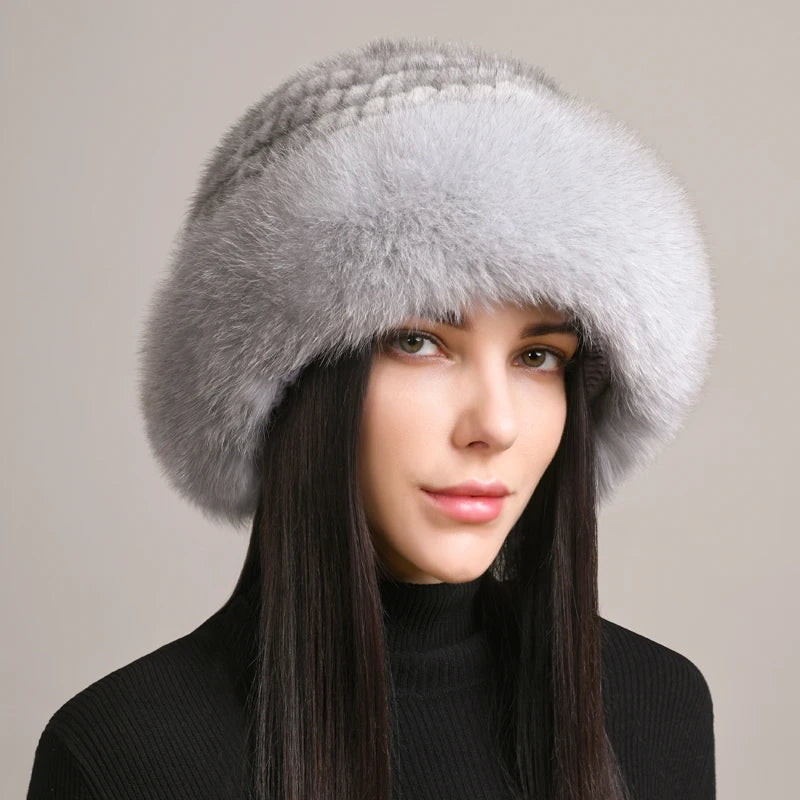 Genuine Knitted Mink Fur Hat with Fox Fur Brim