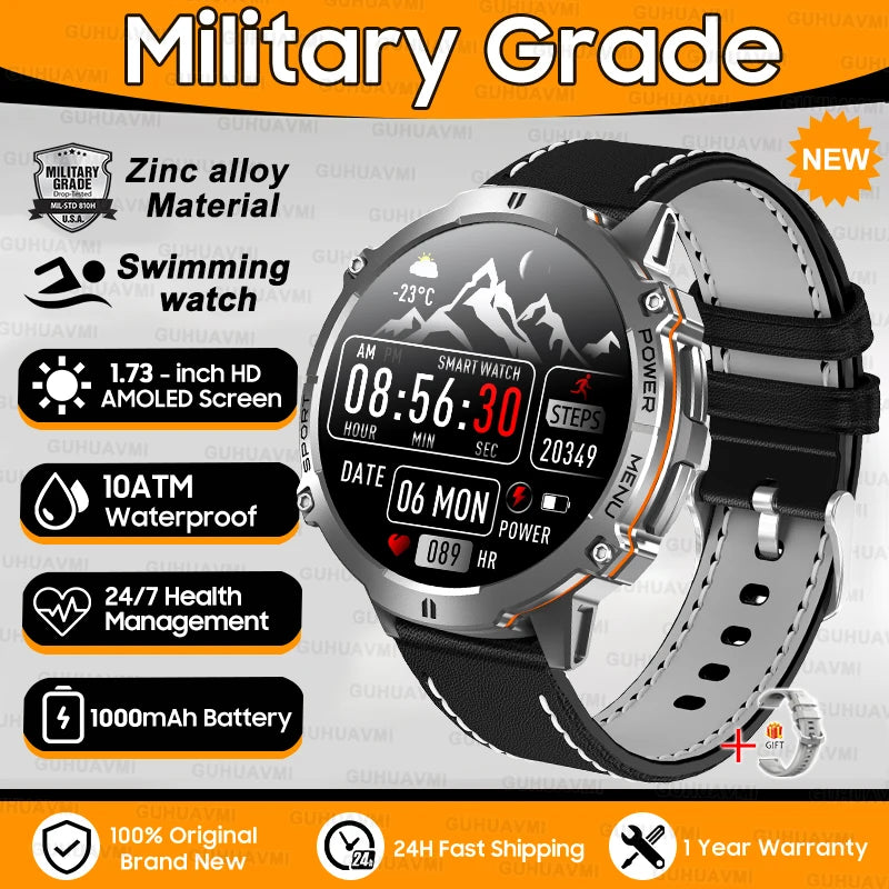 2025 New 1000mAh Battery Sports SmartWatch 1.73" AMOLED Screen 10ATM Waterproof Compass Altimeter Military T-Rex3 Smartwatch Men