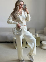 Bornladies Women's New Knit Zip Up Cardigan Wide Leg Pants Set Soft Fabric Cropped Elastic Waist Autumn Winter Fashion Sweater
