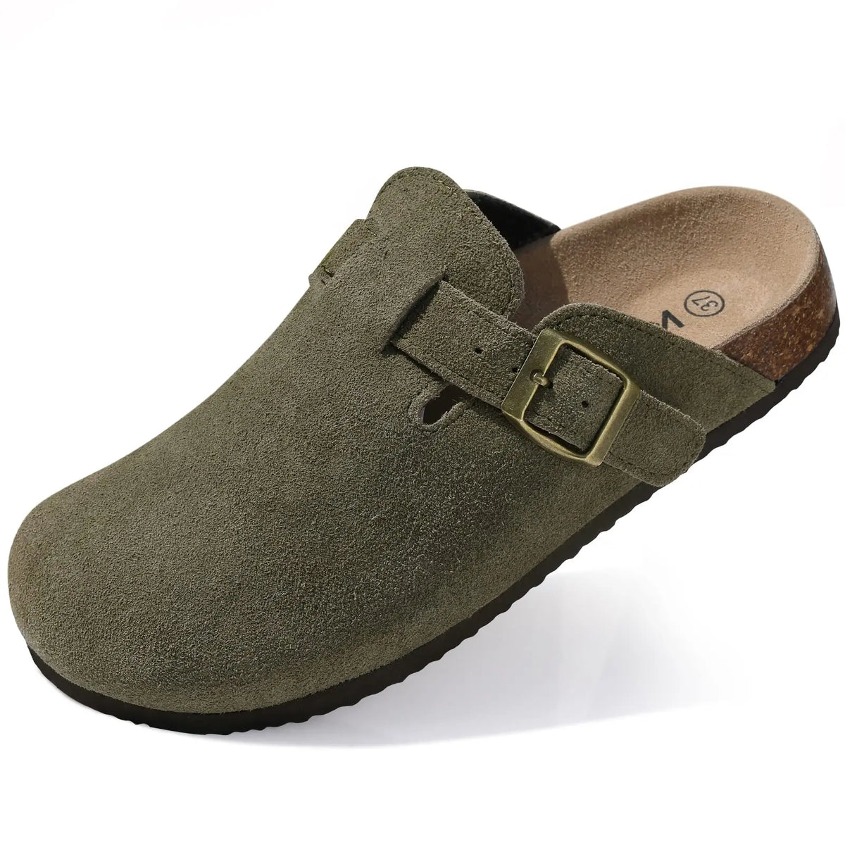 Evshine Men's Suede Clogs Fashion Leather Mules Cozy Footbed Slippers With Adjustable Buckle AntiSlip Cork Slippers Unisex Mules