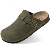 Evshine Men's Suede Clogs Fashion Leather Mules Cozy Footbed Slippers With Adjustable Buckle AntiSlip Cork Slippers Unisex Mules