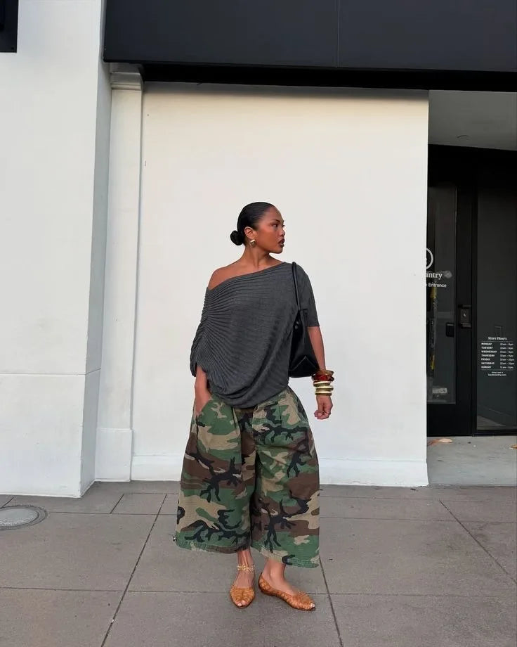 Women's Camo Wide-Leg Streetwear Trousers - High-Waist Vintage Cargo Capris