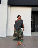 Women's Camo Wide-Leg Streetwear Trousers - High-Waist Vintage Cargo Capris