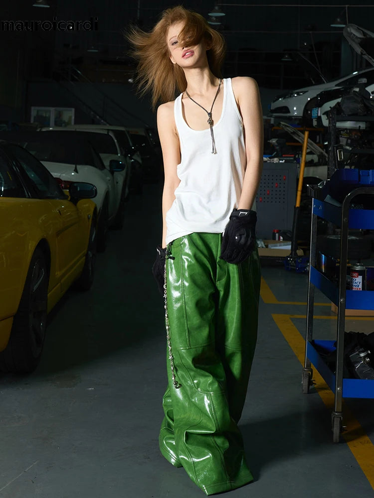 Olive Green PU Leather Wide Leg Pants — Men's Y2K Streetwear Trousers